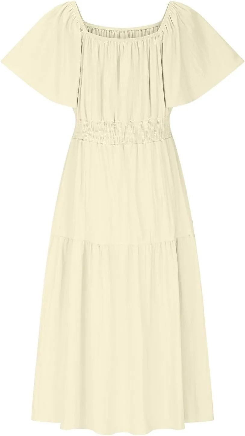 2025 Women's Summer Casual Loose Midi Dress Flutter Short Sleeve Square Neck Smocked Tiered Ruffle Flowy Dresses