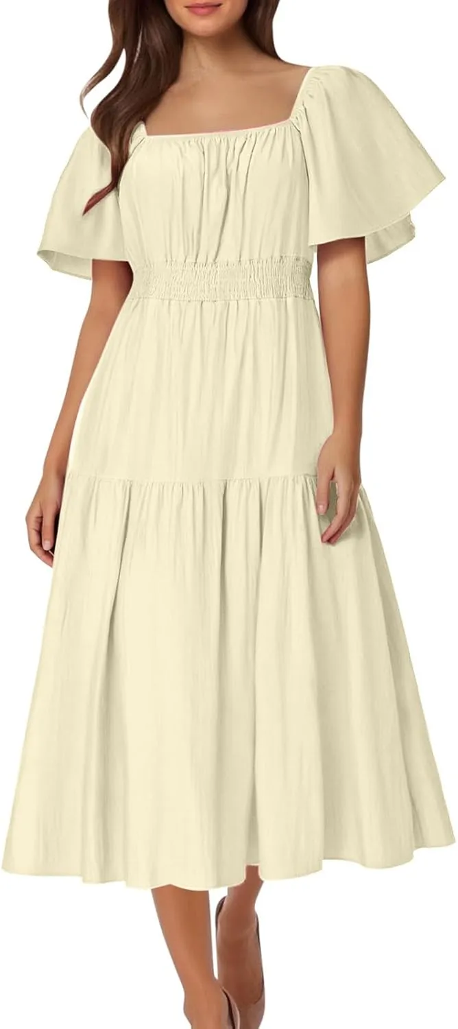 2025 Women's Summer Casual Loose Midi Dress Flutter Short Sleeve Square Neck Smocked Tiered Ruffle Flowy Dresses