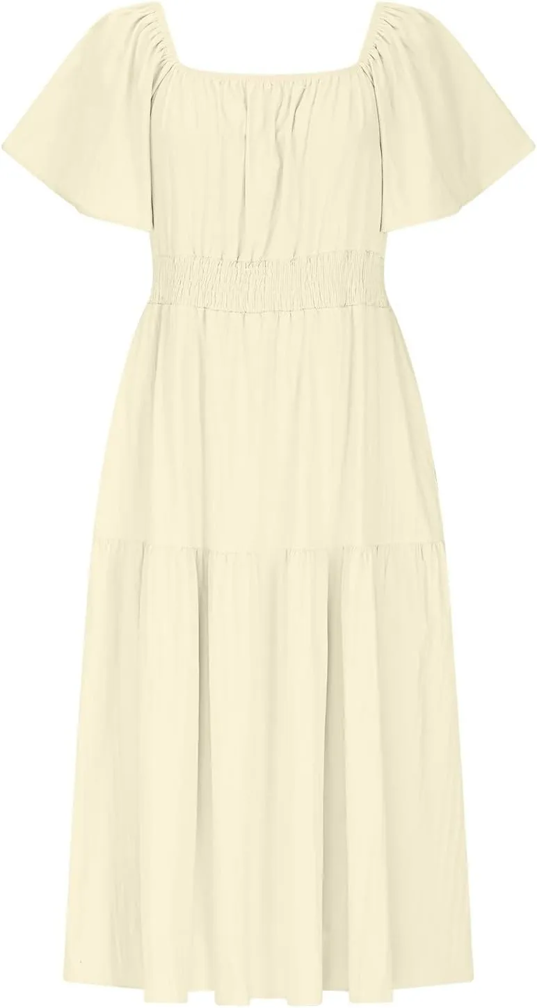 2025 Women's Summer Casual Loose Midi Dress Flutter Short Sleeve Square Neck Smocked Tiered Ruffle Flowy Dresses
