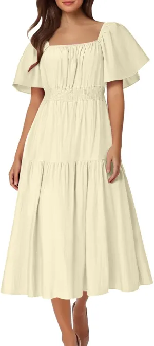 2025 Women's Summer Casual Loose Midi Dress Flutter Short Sleeve Square Neck Smocked Tiered Ruffle Flowy Dresses