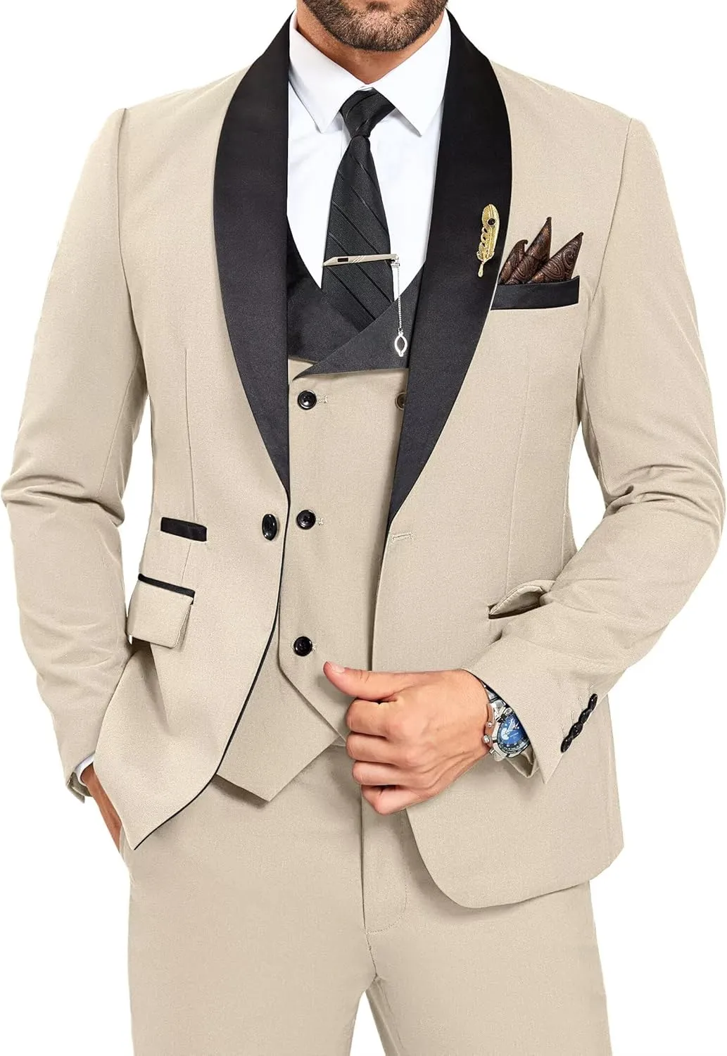 3 Piece Mens Tuxedo Suit Set Slim Fit Men Wedding Prom Party Suits Blazer Pants Shawl Collar Dinner Double Breasted Suit Set