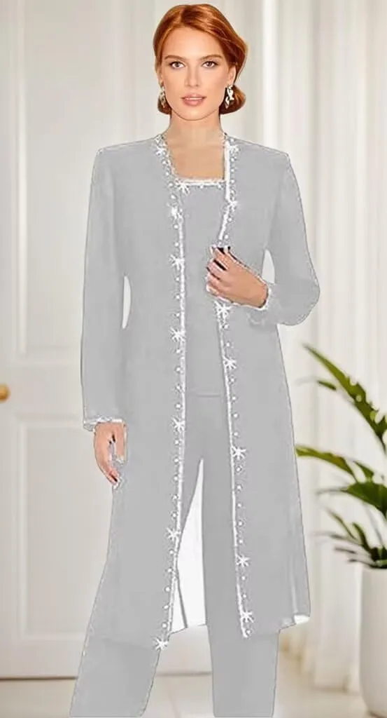 3 Pieces Mother of The Bride Pantsuits for Wedding Long Sleeve Formal Pant Suits for Women