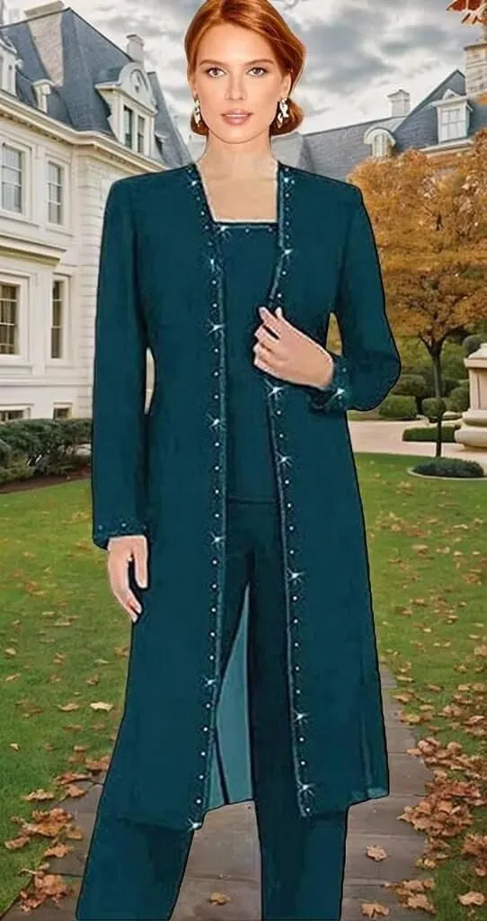 3 Pieces Mother of The Bride Pantsuits for Wedding Long Sleeve Formal Pant Suits for Women