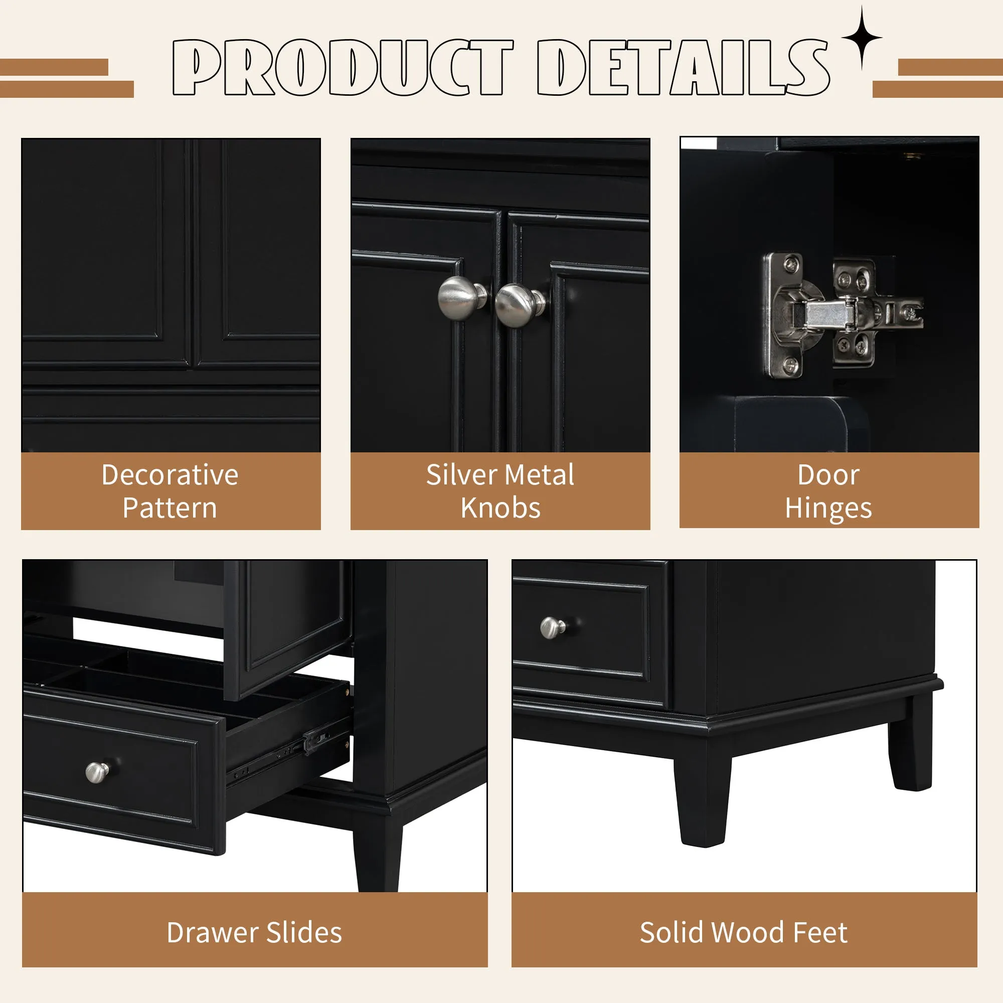 30" Bathroom Vanity Base, No Sink, Multi-Functional Cabinet w/ Doors & Drawer, Solid Frame, MDF Board, Black