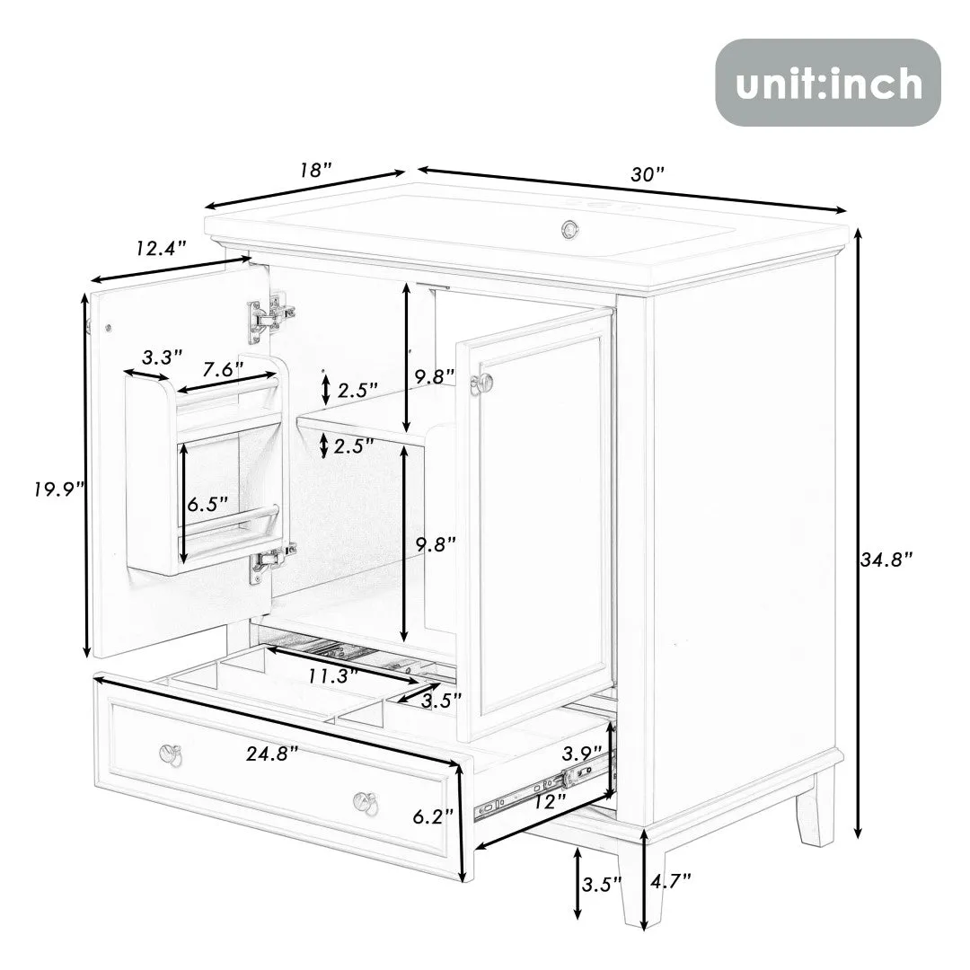 30" Bathroom Vanity Base, No Sink, Multi-Functional Cabinet w/ Doors & Drawer, Solid Frame, MDF Board, Black