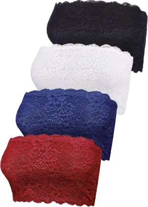 4 Pieces Women Lace Bandeau Bra Tube Top Elastic Strapless No Sponge Pad No Underwire Bra for Daily Favor