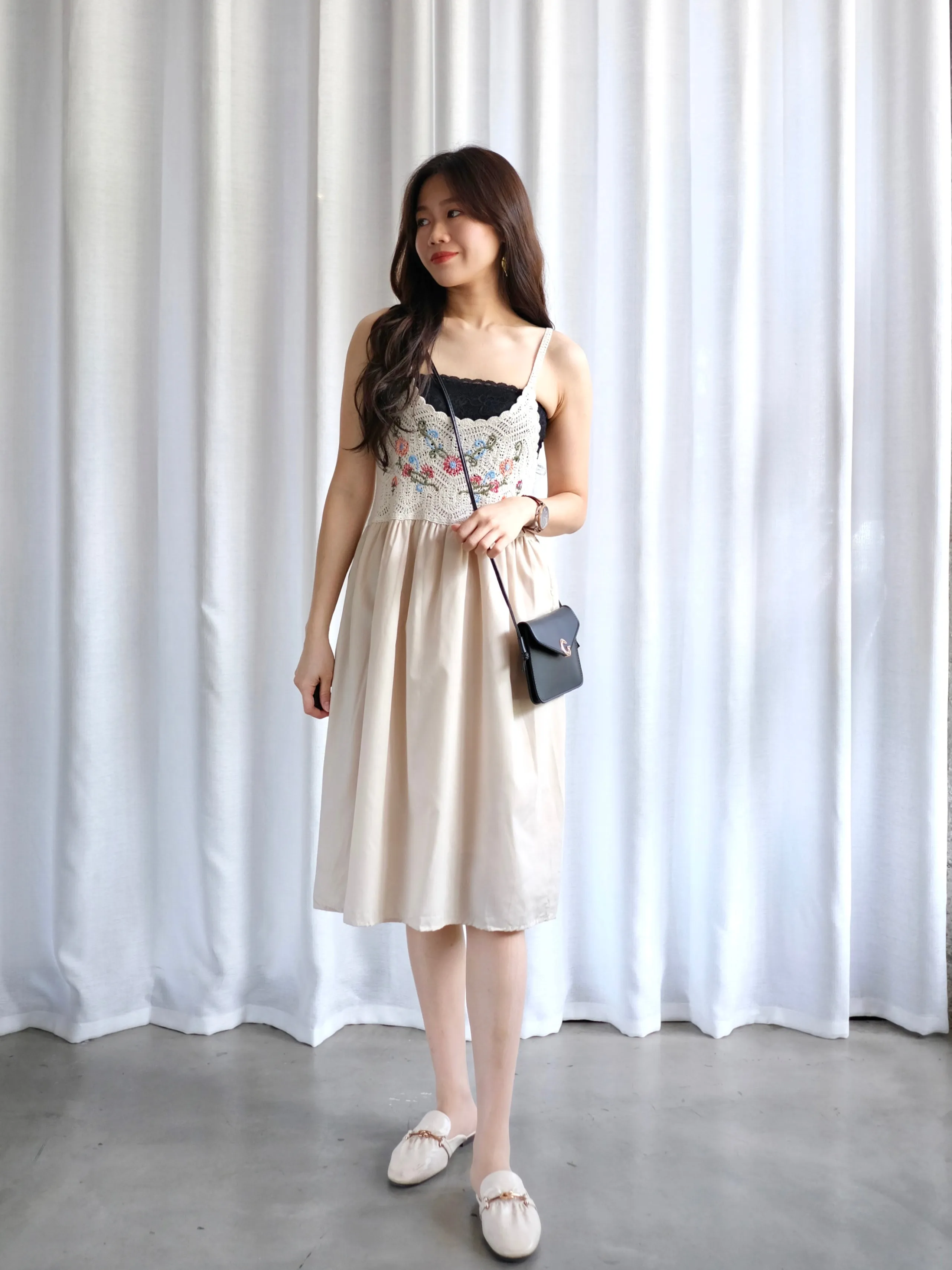 ACEWIN Spaghetti Strap Floral Embroidery Crochet Dress (Free Size) 703218