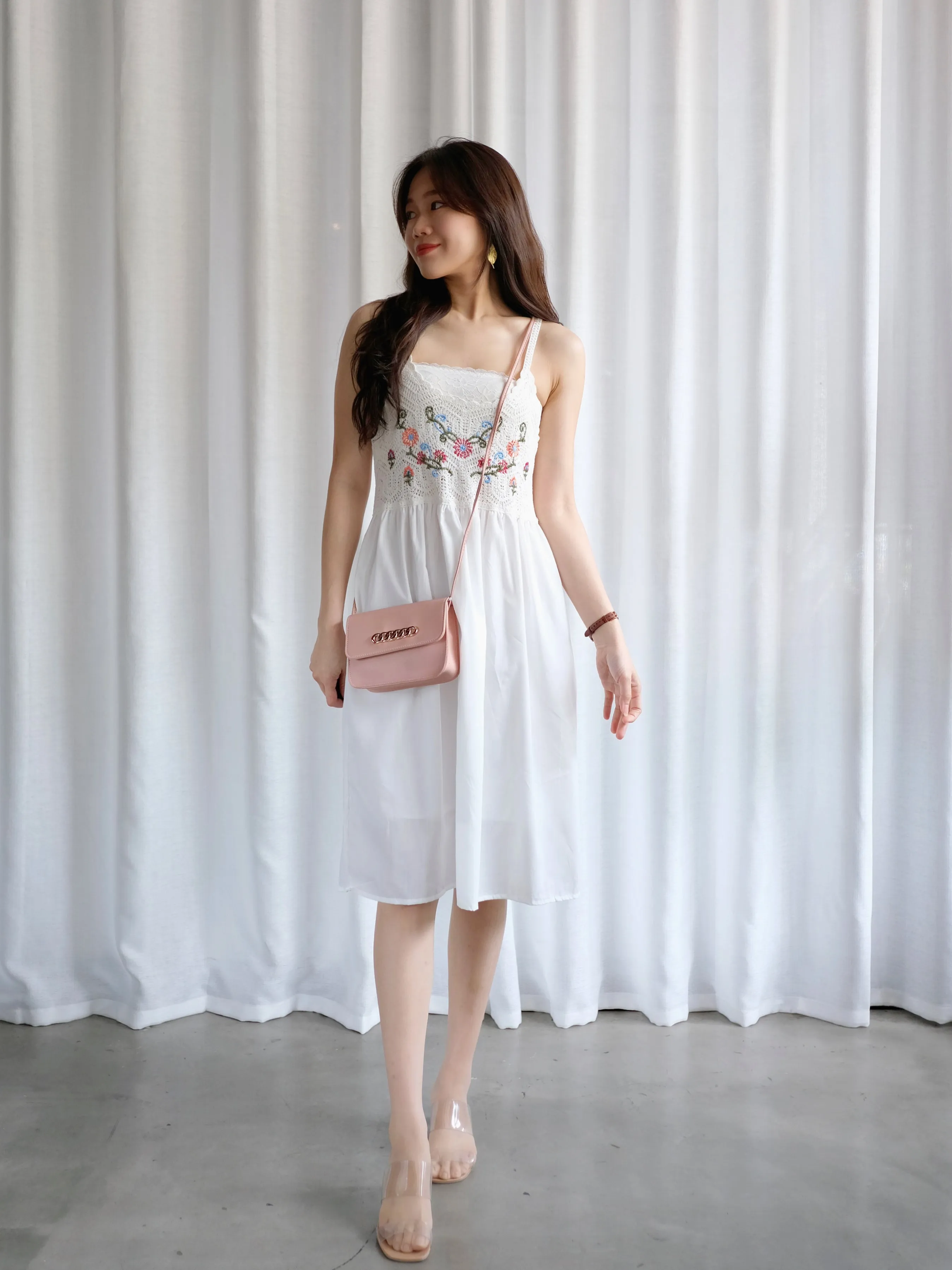 ACEWIN Spaghetti Strap Floral Embroidery Crochet Dress (Free Size) 703218