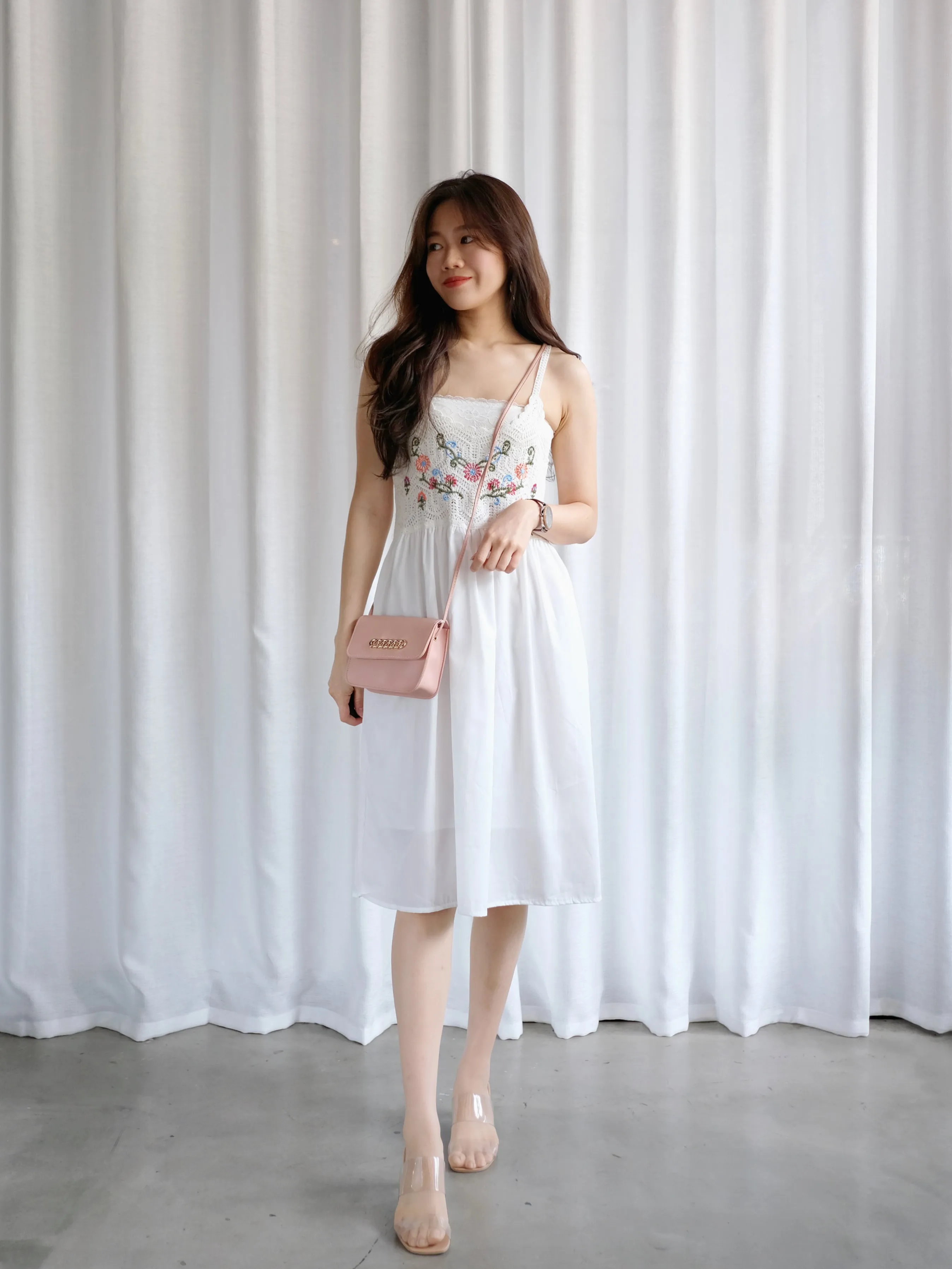 ACEWIN Spaghetti Strap Floral Embroidery Crochet Dress (Free Size) 703218