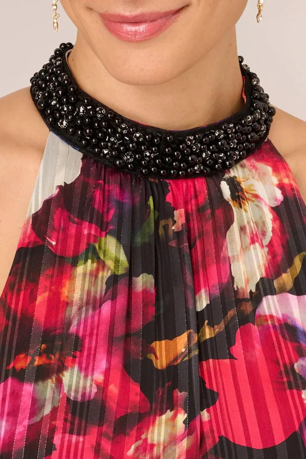 Adrianna Papell Mock Neck Printed Floral Halter Jumpsuit with Solid Black Bottom