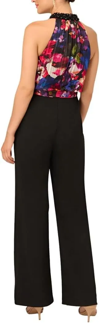 Adrianna Papell Mock Neck Printed Floral Halter Jumpsuit with Solid Black Bottom