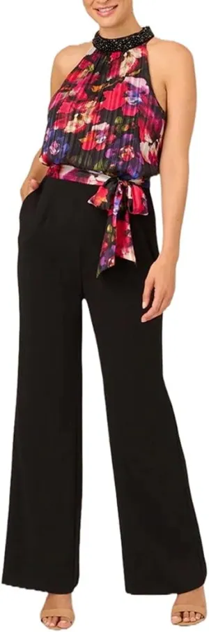 Adrianna Papell Mock Neck Printed Floral Halter Jumpsuit with Solid Black Bottom