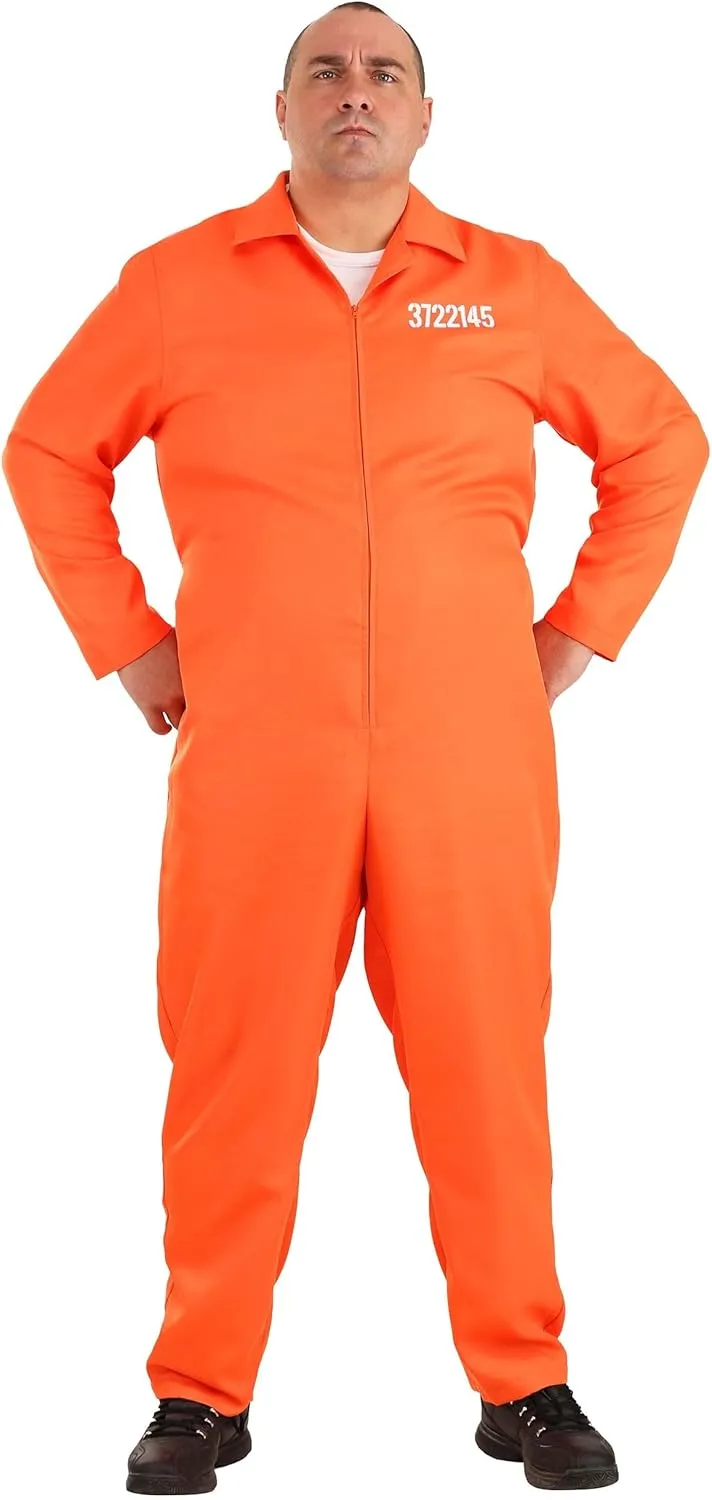 Adult Plus Size Orange Prison Jumpsuit Costume for Men, Prisoner Halloween Costume, Jail Inmate Uniform