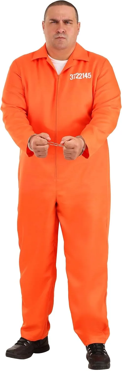 Adult Plus Size Orange Prison Jumpsuit Costume for Men, Prisoner Halloween Costume, Jail Inmate Uniform