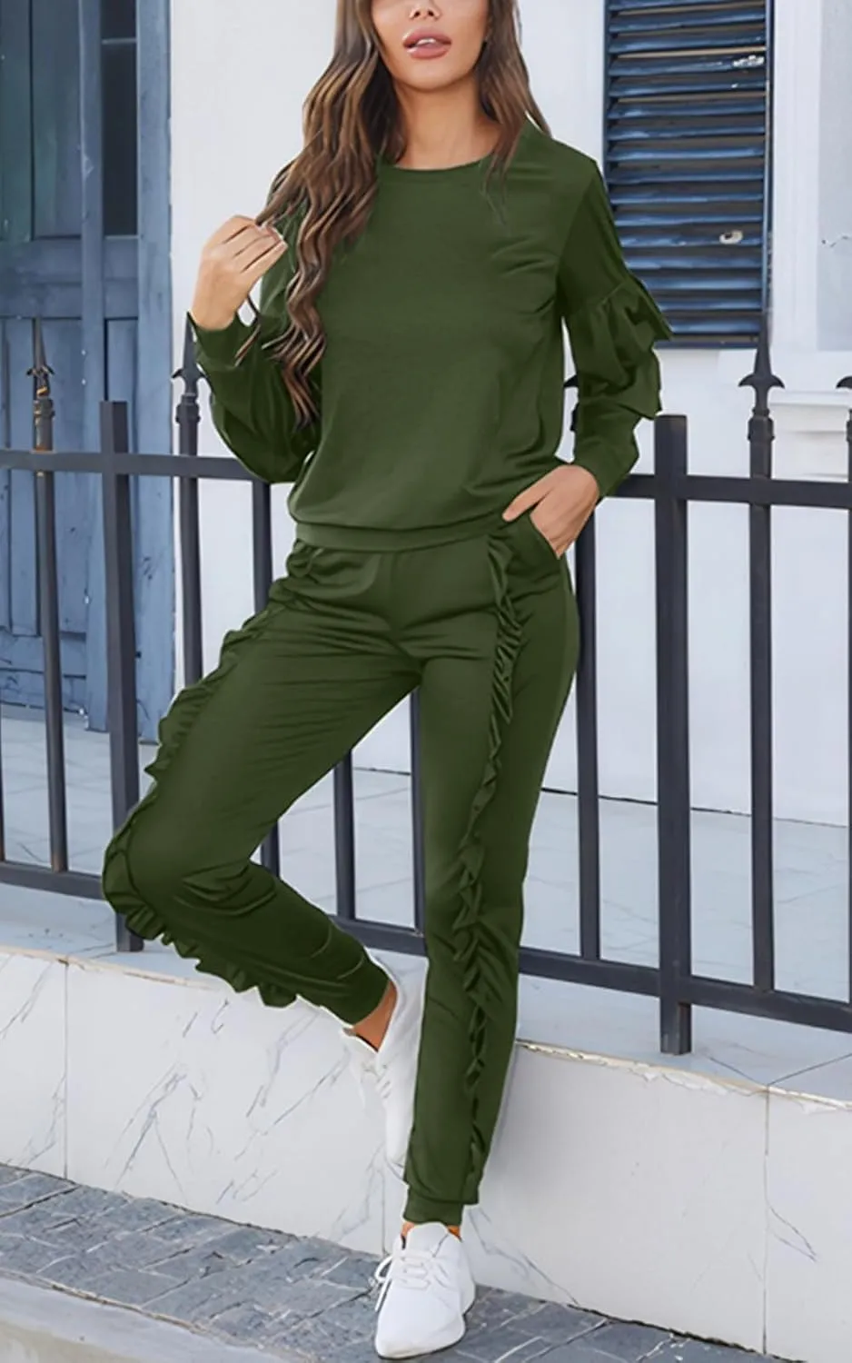 Akmipoem Women's Two Piece Outfits Ruffle Sleeve Sweatshirt and Long Pants Tracksuit Sets