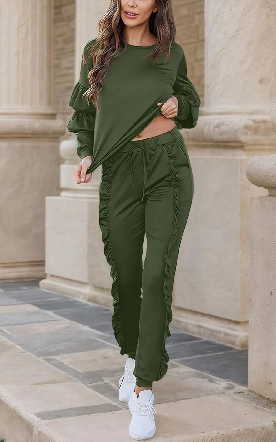 Akmipoem Women's Two Piece Outfits Ruffle Sleeve Sweatshirt and Long Pants Tracksuit Sets