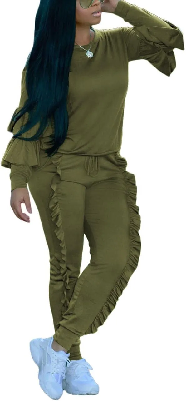 Akmipoem Women's Two Piece Outfits Ruffle Sleeve Sweatshirt and Long Pants Tracksuit Sets