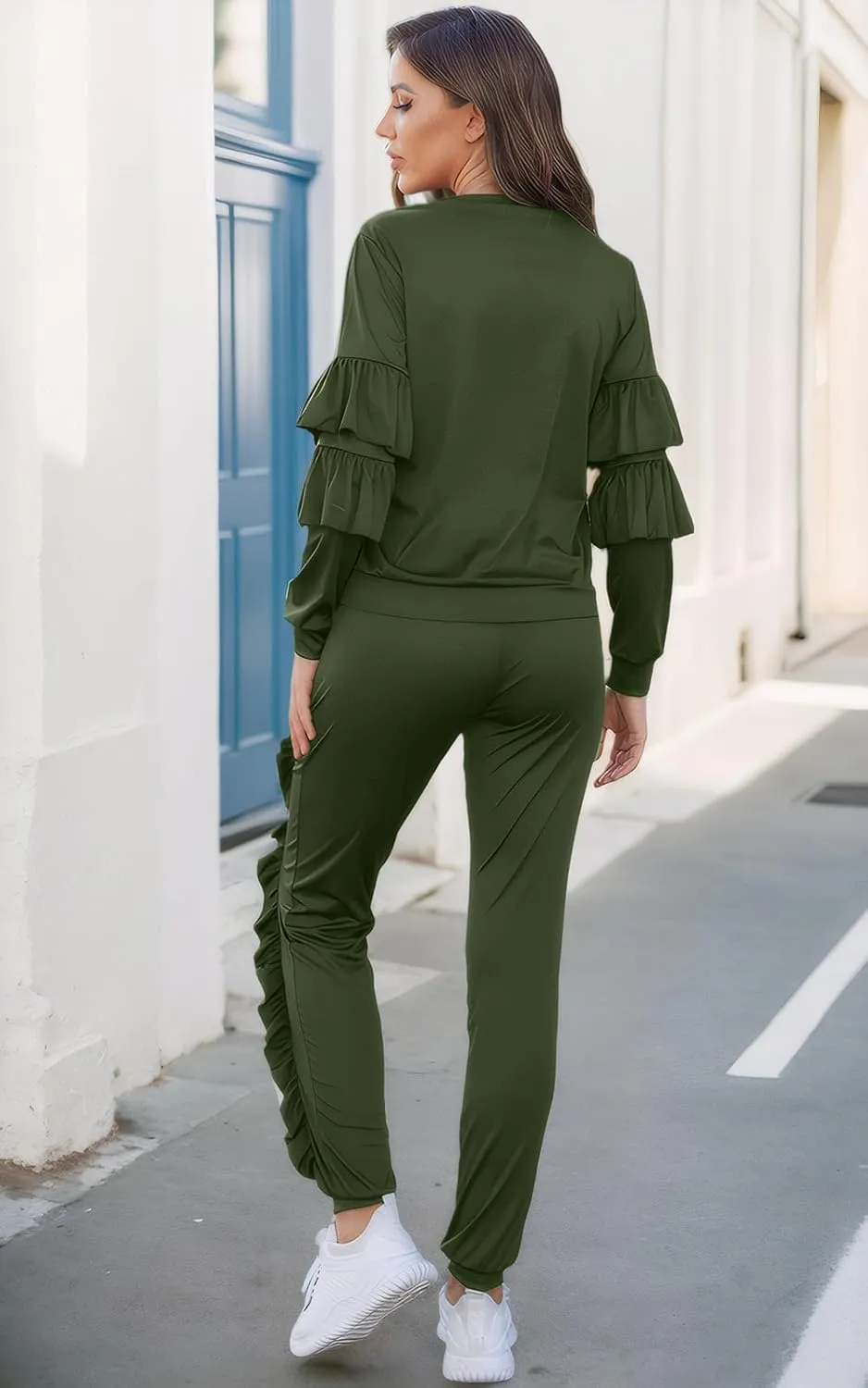 Akmipoem Women's Two Piece Outfits Ruffle Sleeve Sweatshirt and Long Pants Tracksuit Sets