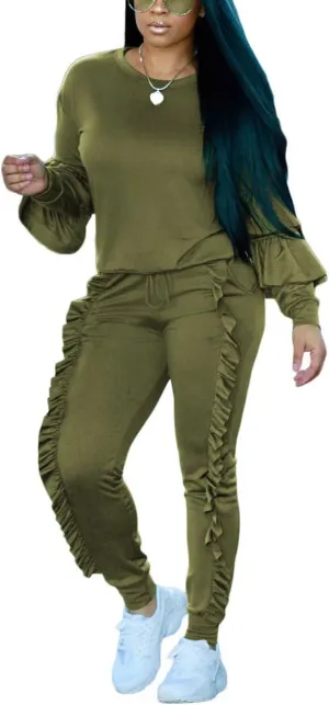 Akmipoem Women's Two Piece Outfits Ruffle Sleeve Sweatshirt and Long Pants Tracksuit Sets