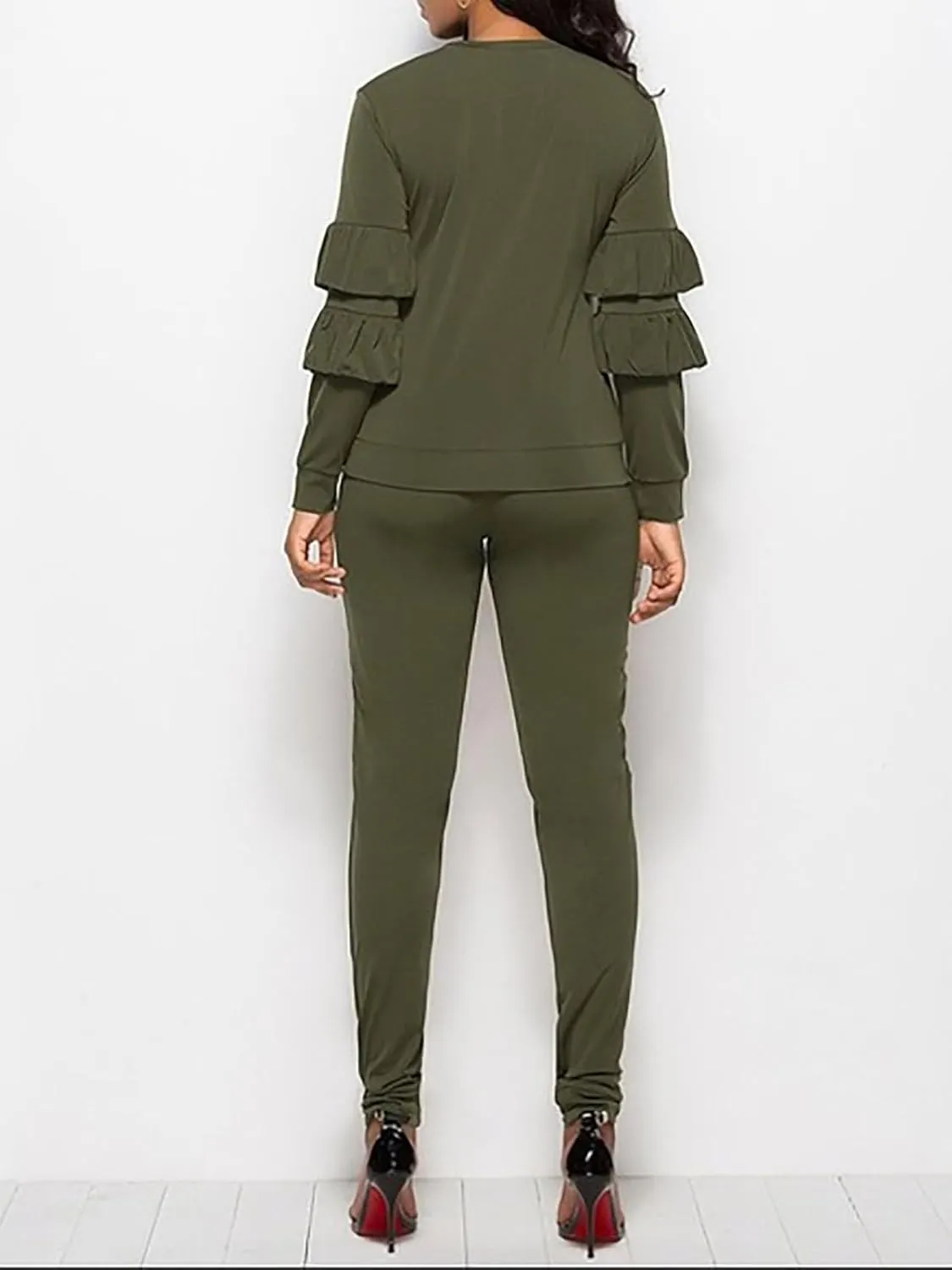 Akmipoem Women's Two Piece Outfits Ruffle Sleeve Sweatshirt and Long Pants Tracksuit Sets