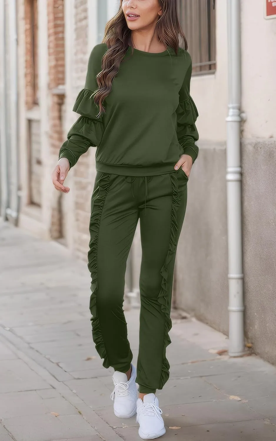 Akmipoem Women's Two Piece Outfits Ruffle Sleeve Sweatshirt and Long Pants Tracksuit Sets