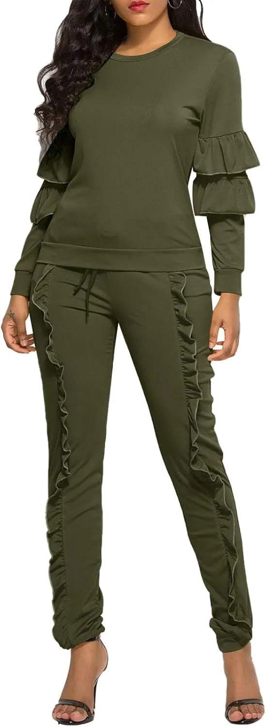 Akmipoem Women's Two Piece Outfits Ruffle Sleeve Sweatshirt and Long Pants Tracksuit Sets