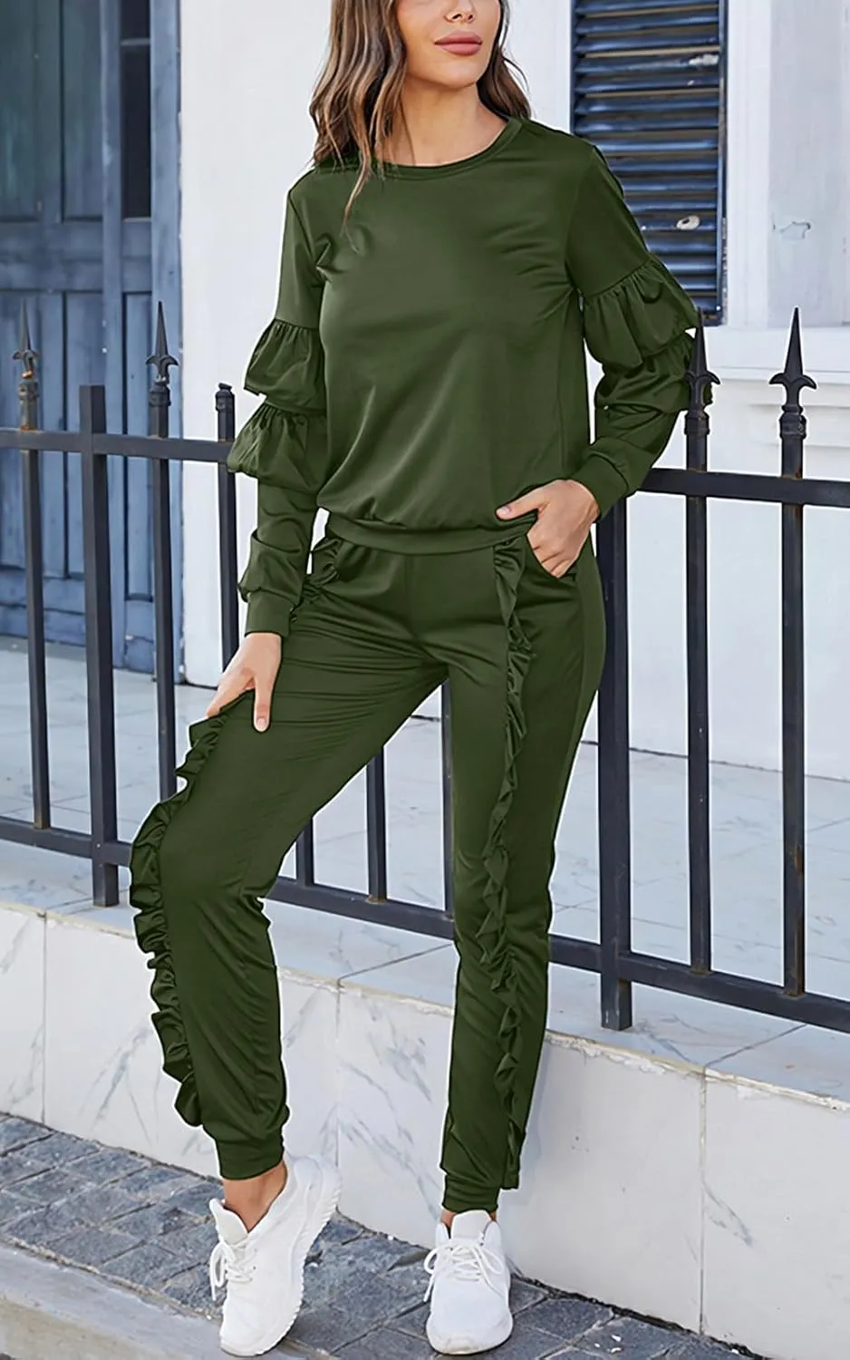 Akmipoem Women's Two Piece Outfits Ruffle Sleeve Sweatshirt and Long Pants Tracksuit Sets