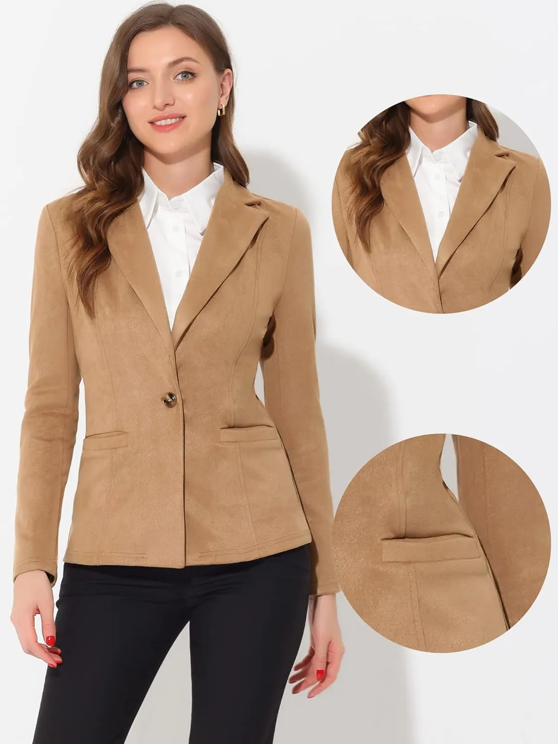 Allegra K Faux Suede Casual Blazer for Women's Lapel Collar Long Sleeve Work Office Jacket