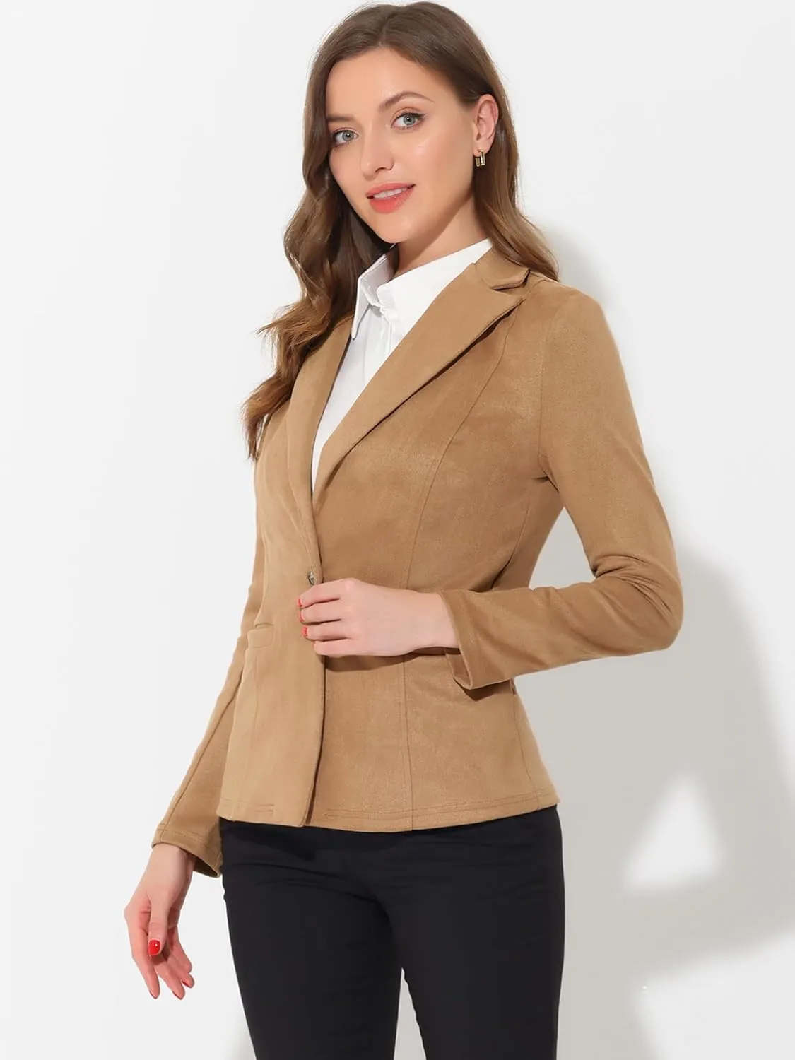 Allegra K Faux Suede Casual Blazer for Women's Lapel Collar Long Sleeve Work Office Jacket