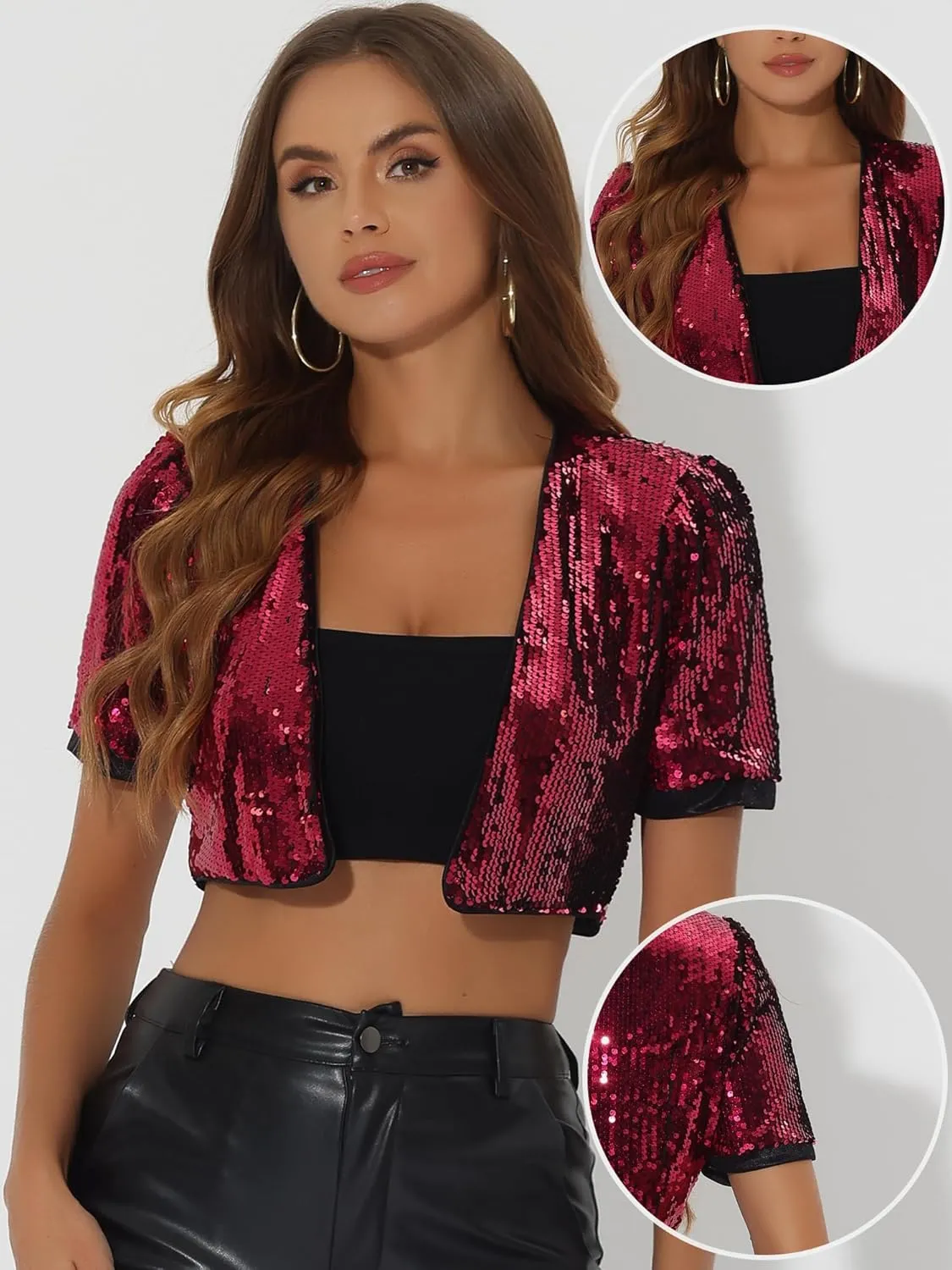 Allegra K Sequin Cardigan for Women's Open Front Jacket Christmas Sparkly Glitter Cropped Shrug Bolero