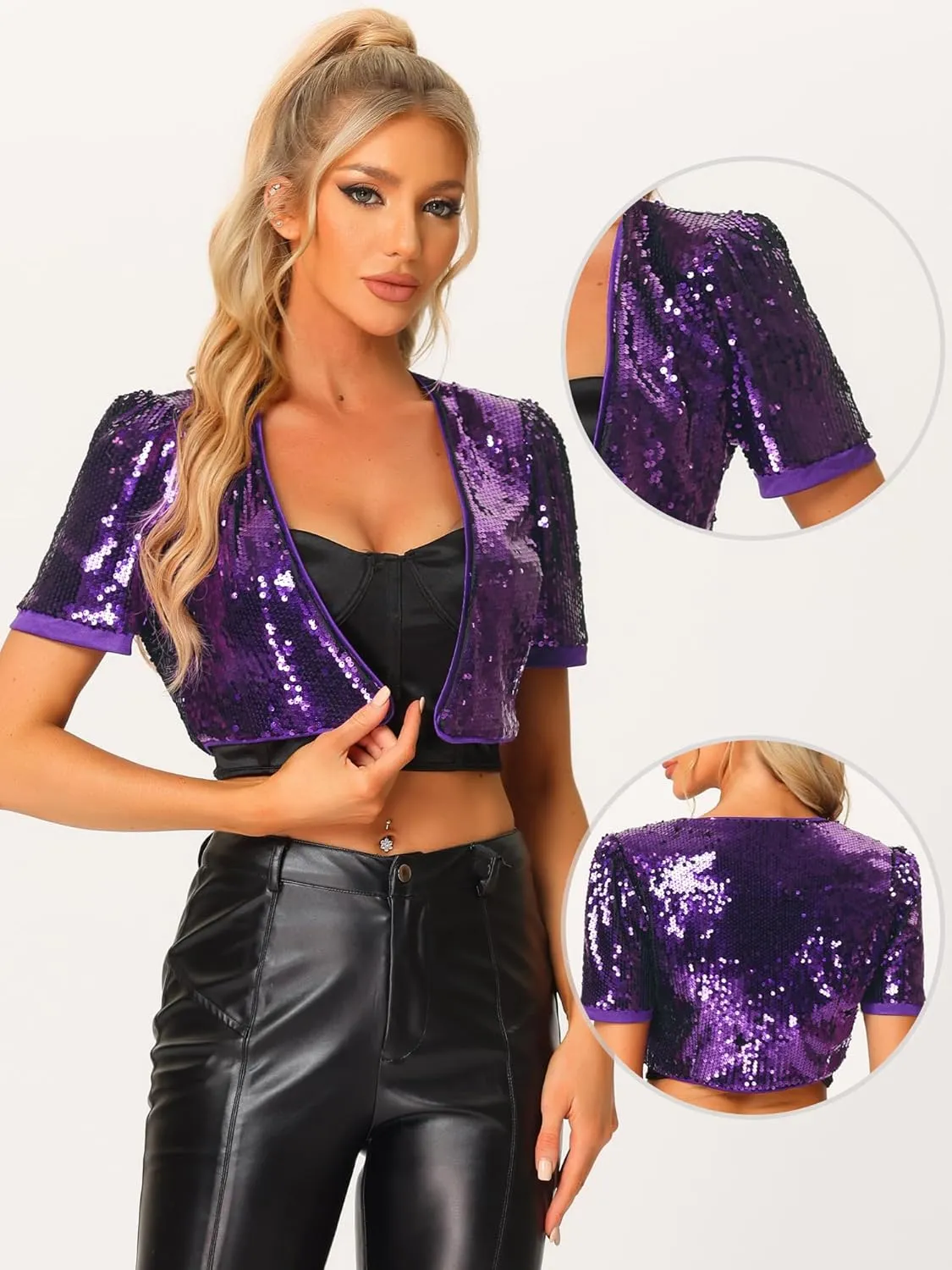 Allegra K Sequin Cardigan for Women's Open Front Jacket Christmas Sparkly Glitter Cropped Shrug Bolero