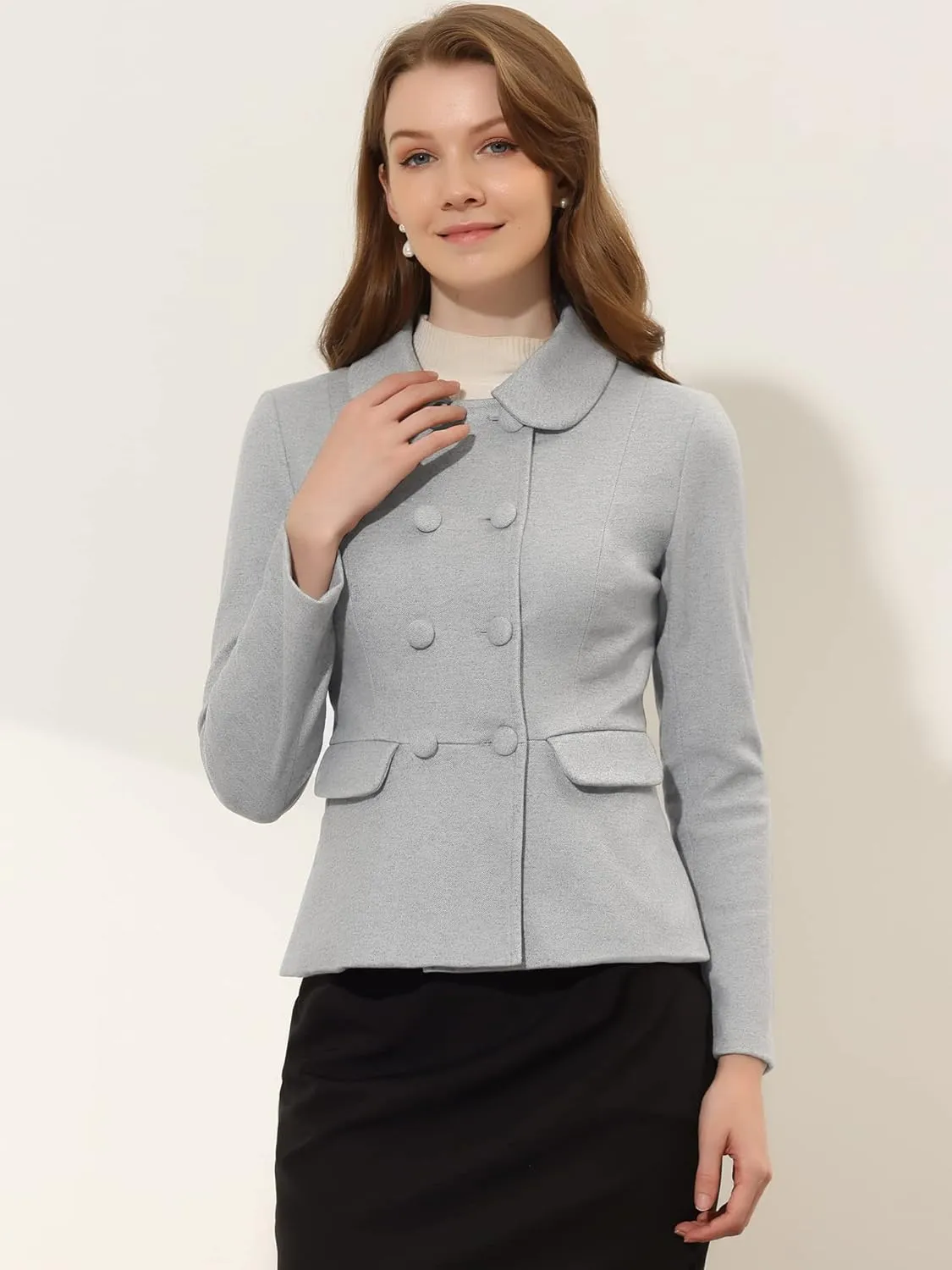 Allegra K Women's Peter Pan Collar Peacoat Double Breasted Short Coat