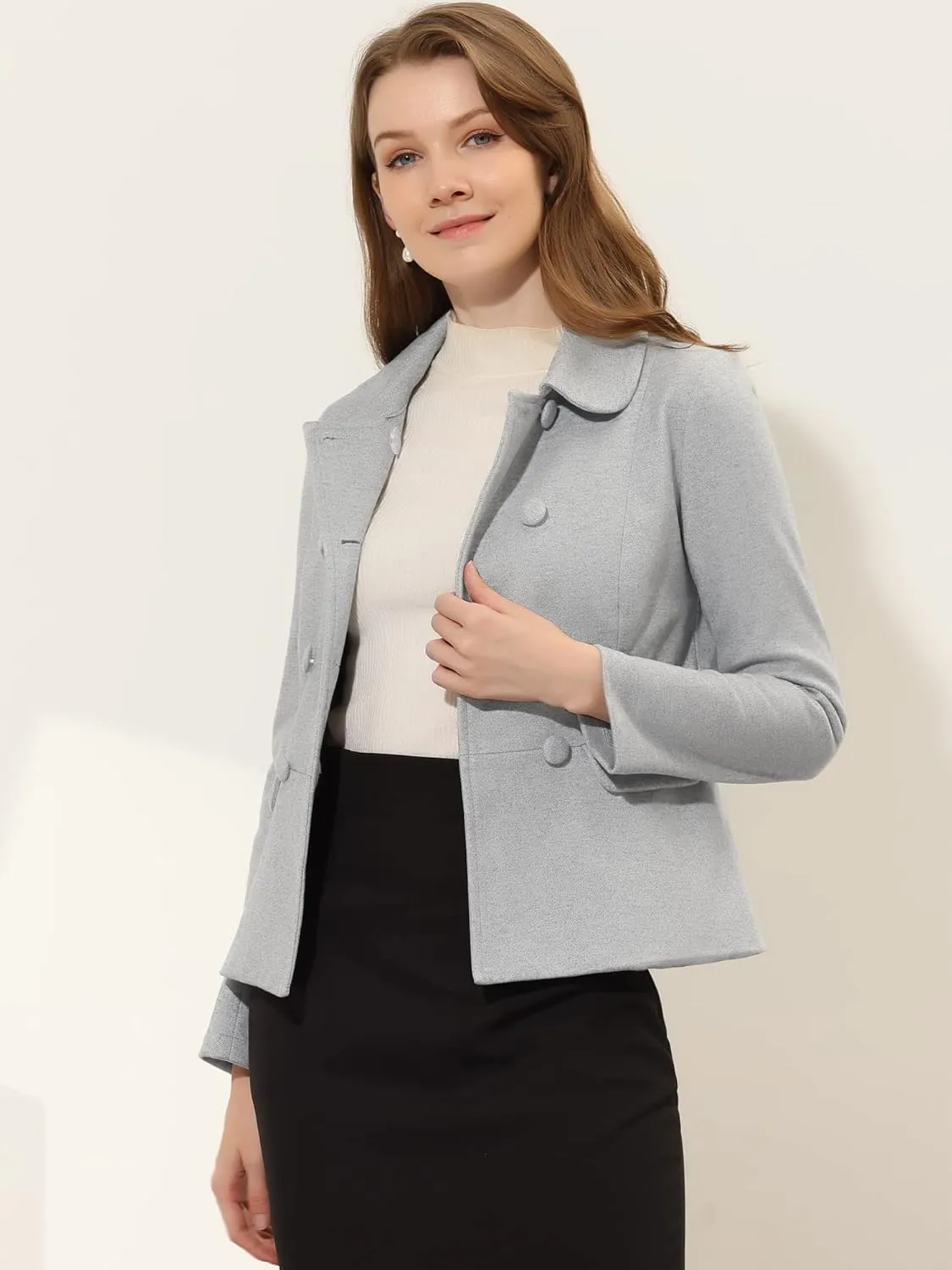 Allegra K Women's Peter Pan Collar Peacoat Double Breasted Short Coat