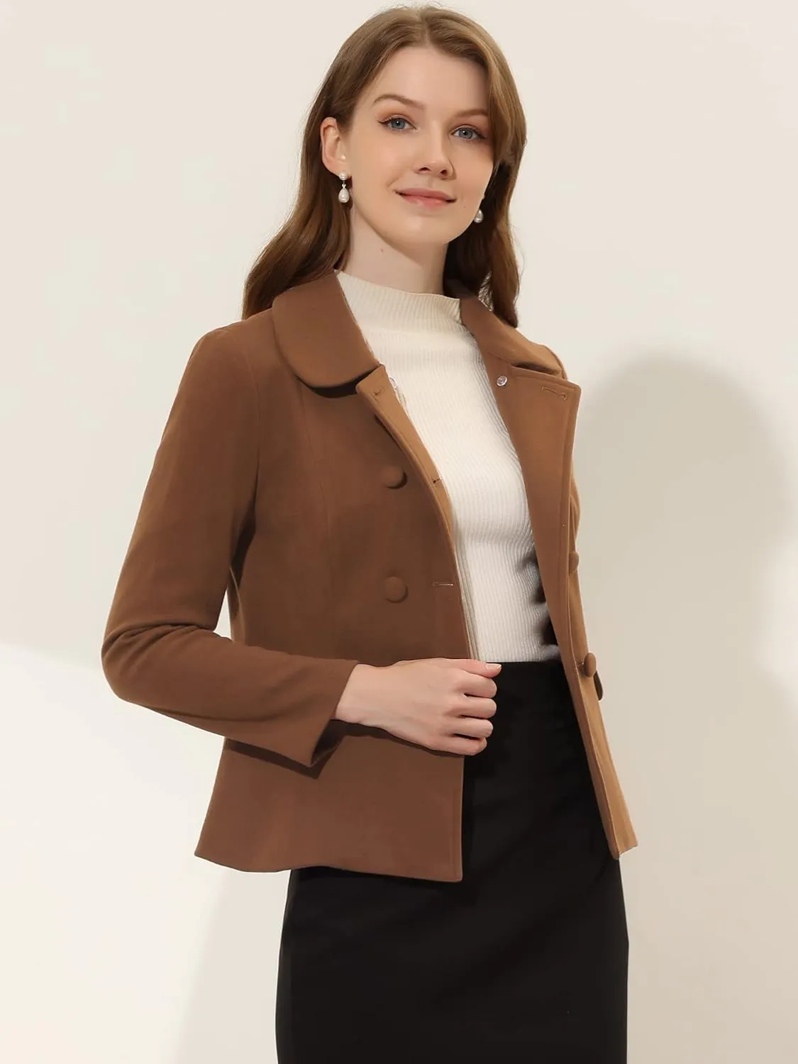 Allegra K Women's Peter Pan Collar Peacoat Double Breasted Short Coat