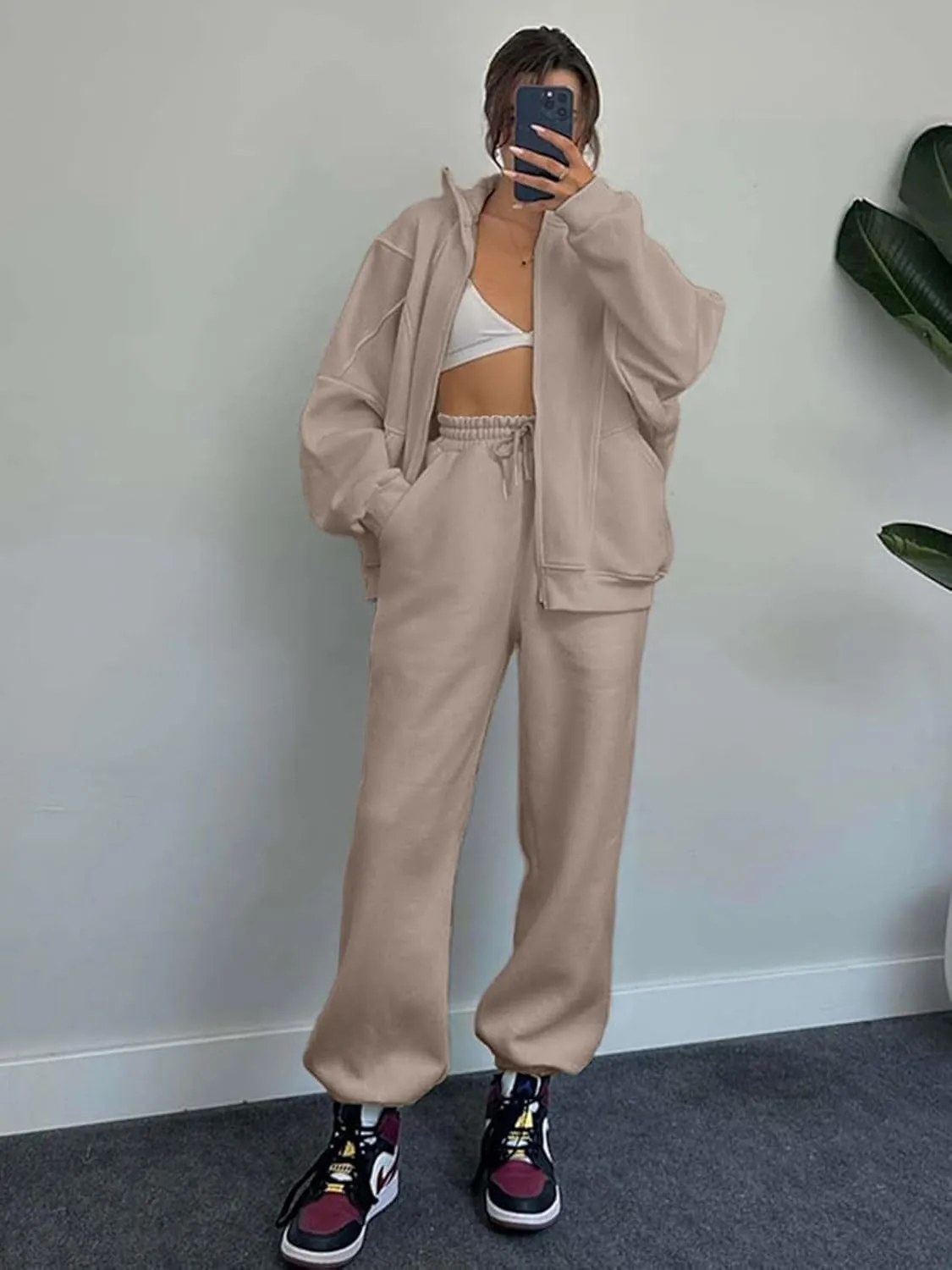 Alunzoem Sweatsuits for Women Set 2 Piece Outfits Long Sleeve Zip Up Jacket Oversized Sweatshirt Jogger Sweatpants Tracksuit