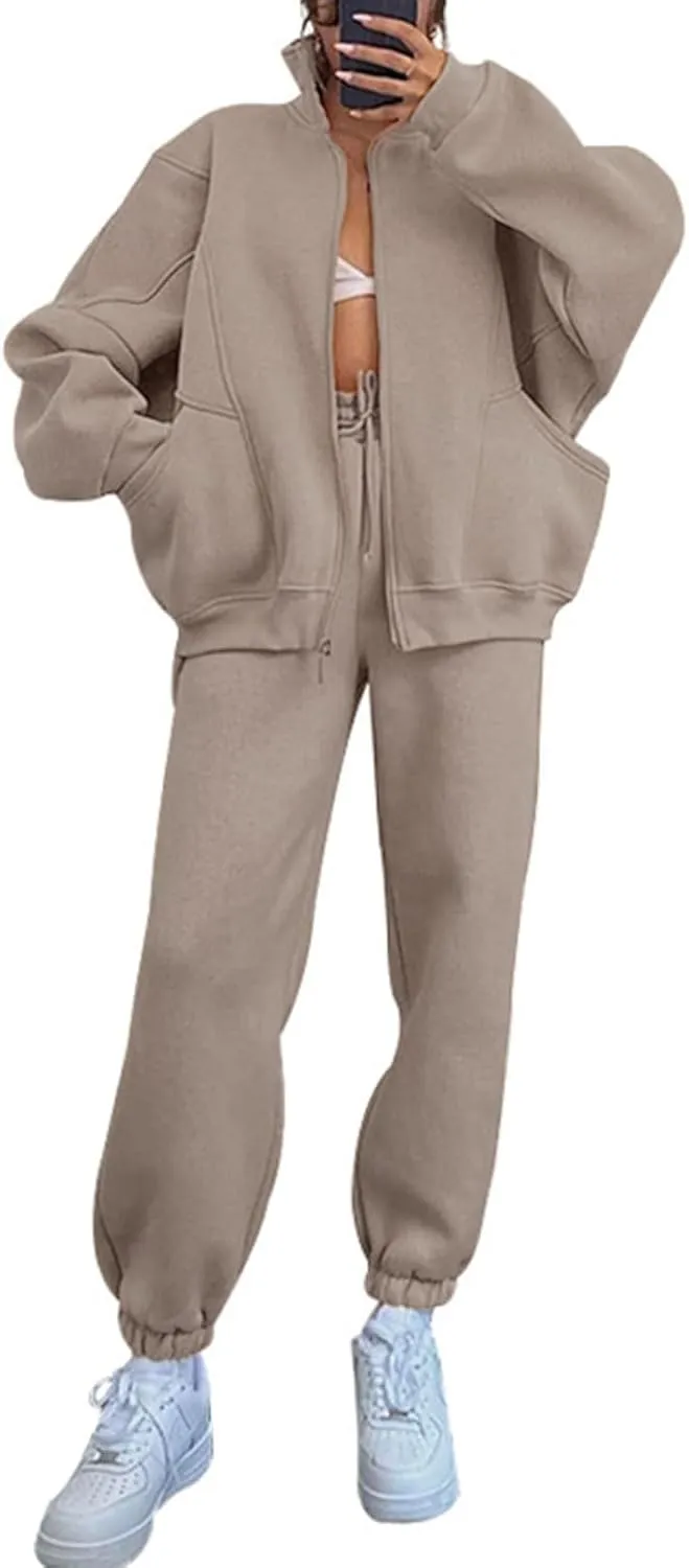 Alunzoem Sweatsuits for Women Set 2 Piece Outfits Long Sleeve Zip Up Jacket Oversized Sweatshirt Jogger Sweatpants Tracksuit
