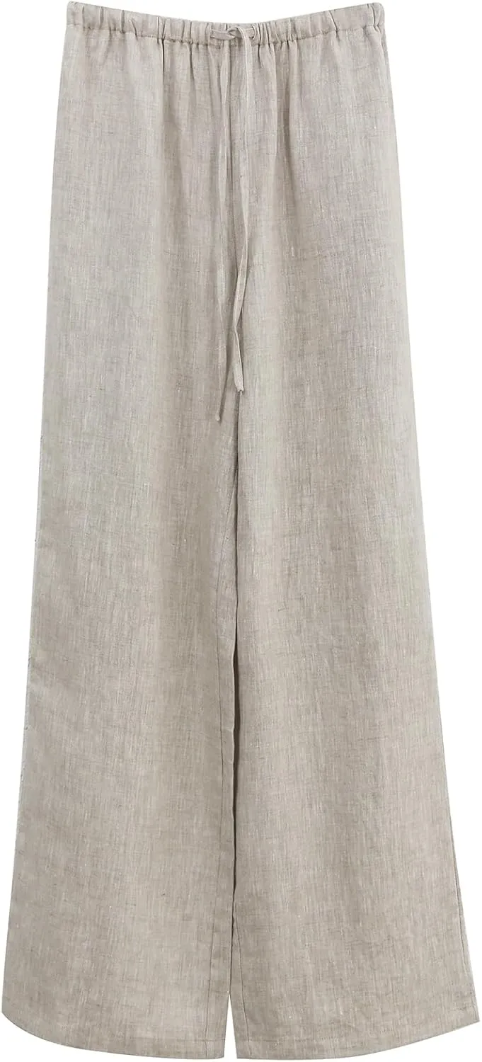 Amazhiyu Womens Pure Linen Flowy Wide Leg Pants with Pockets Summer Drawstring Trouser
