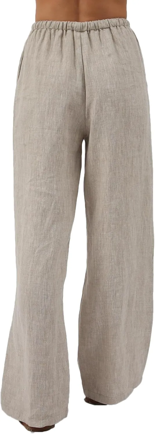 Amazhiyu Womens Pure Linen Flowy Wide Leg Pants with Pockets Summer Drawstring Trouser