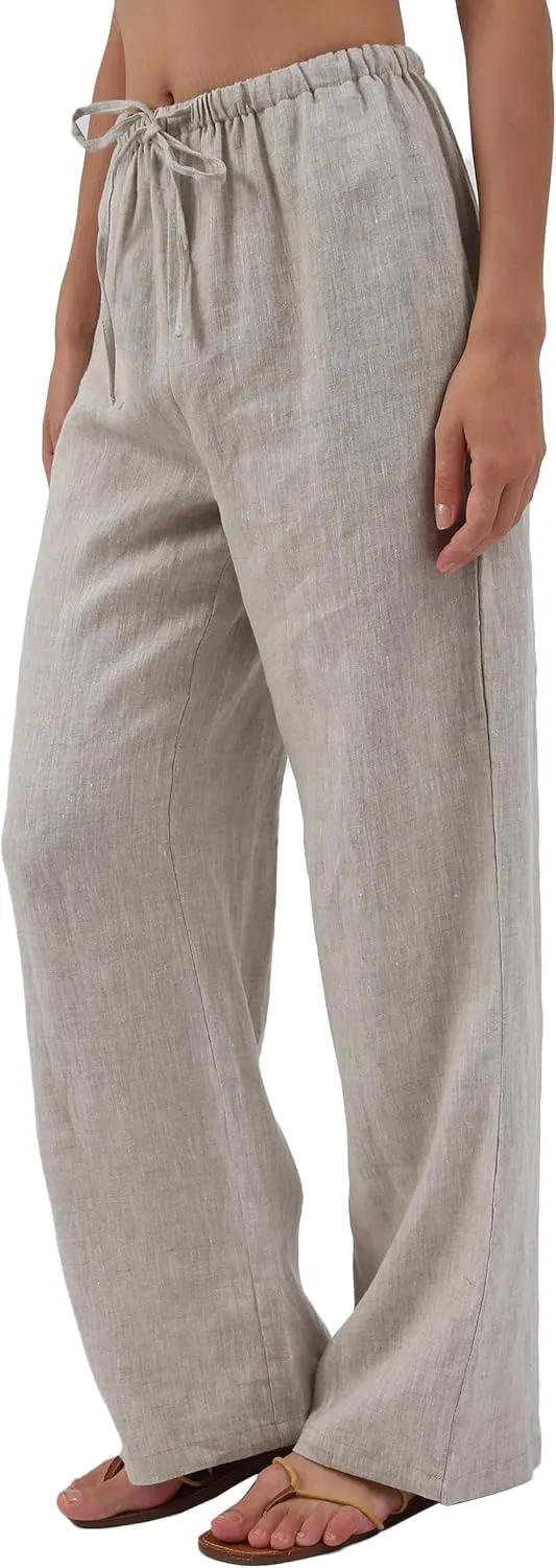 Amazhiyu Womens Pure Linen Flowy Wide Leg Pants with Pockets Summer Drawstring Trouser