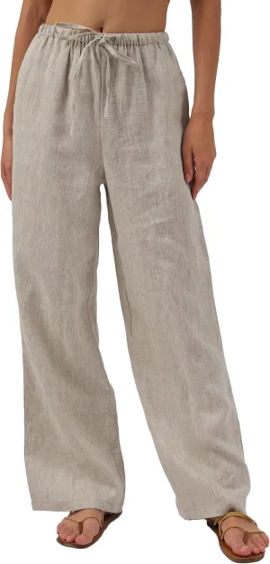 Amazhiyu Womens Pure Linen Flowy Wide Leg Pants with Pockets Summer Drawstring Trouser