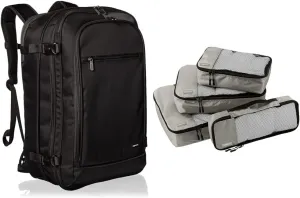 Amazon Basics Carry-On Travel Backpack - Black & 4 Piece Packing Travel Organizer Cubes Set, Grey