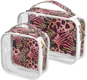 Animal-skin-motifs 2 Pack Clear Toiletry Bag Women Men, Portable Waterproof Clear Pouch, Cosmetic Bag with Double Zippers Large Opening Traveling with Handle for Bathroom Traveling Vacation Organizing