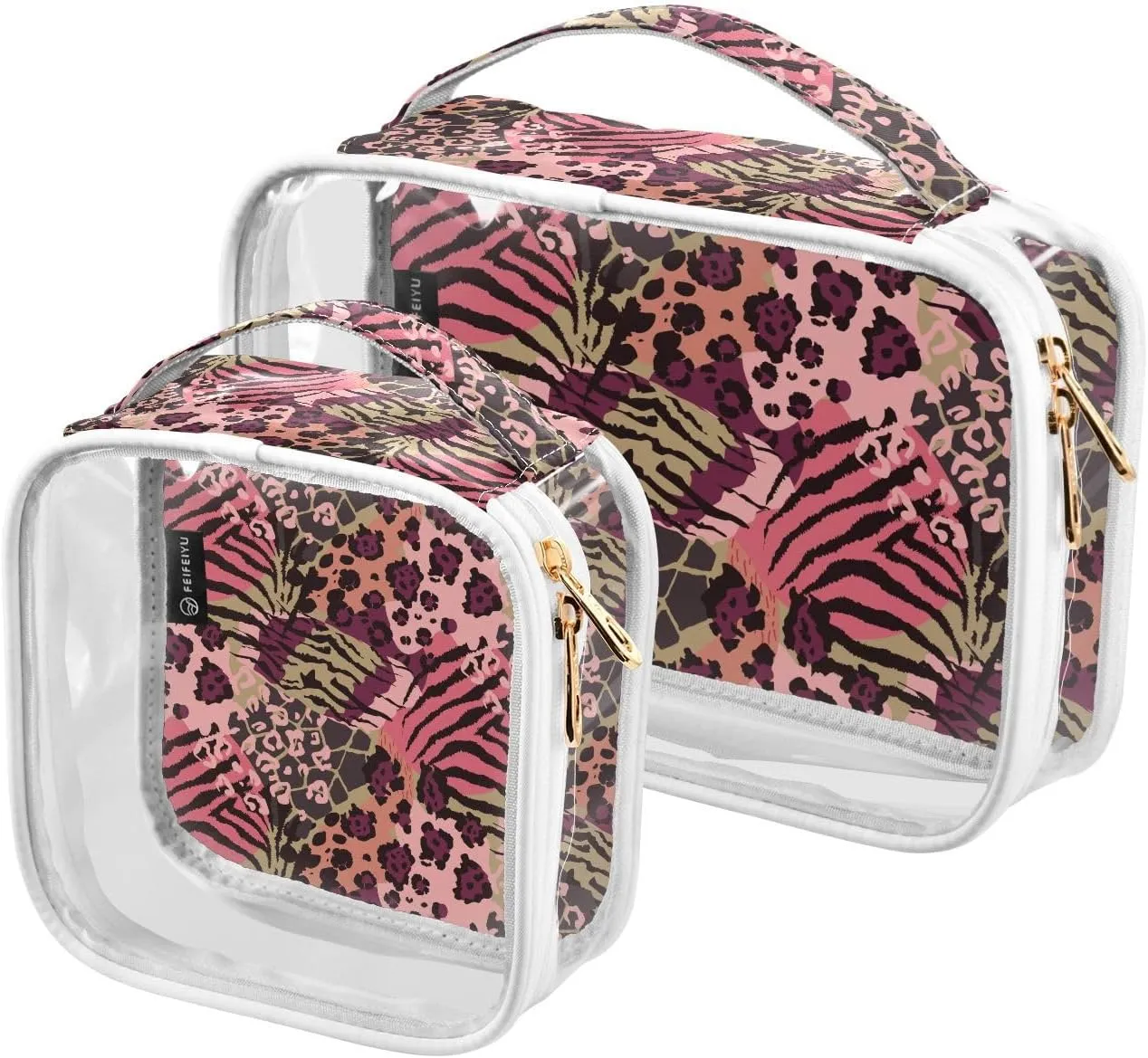 Animal-skin-motifs 2 Pack Clear Toiletry Bag Women Men, Portable Waterproof Clear Pouch, Cosmetic Bag with Double Zippers Large Opening Traveling with Handle for Bathroom Traveling Vacation Organizing