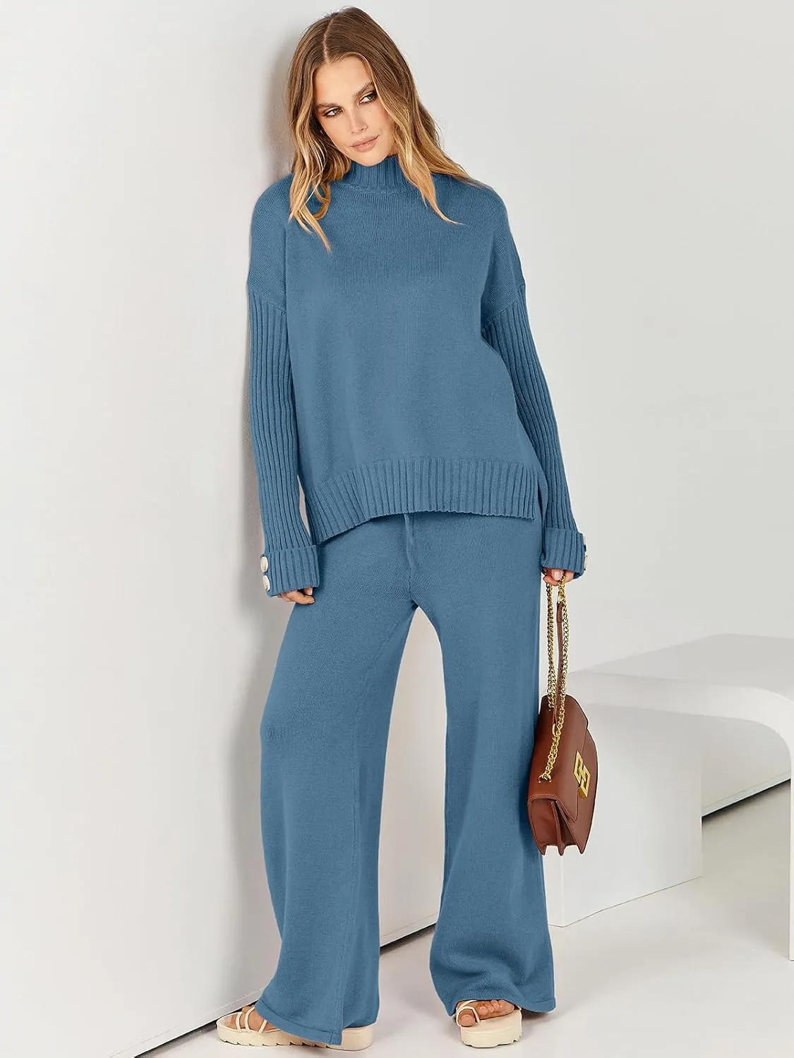 ANRABESS Women's 2 Piece Outfit Sweater Lounge Sets Long Sleeve Knit Pullover Wide Leg Pant Tracksuit Loungewear 2025 Fashion