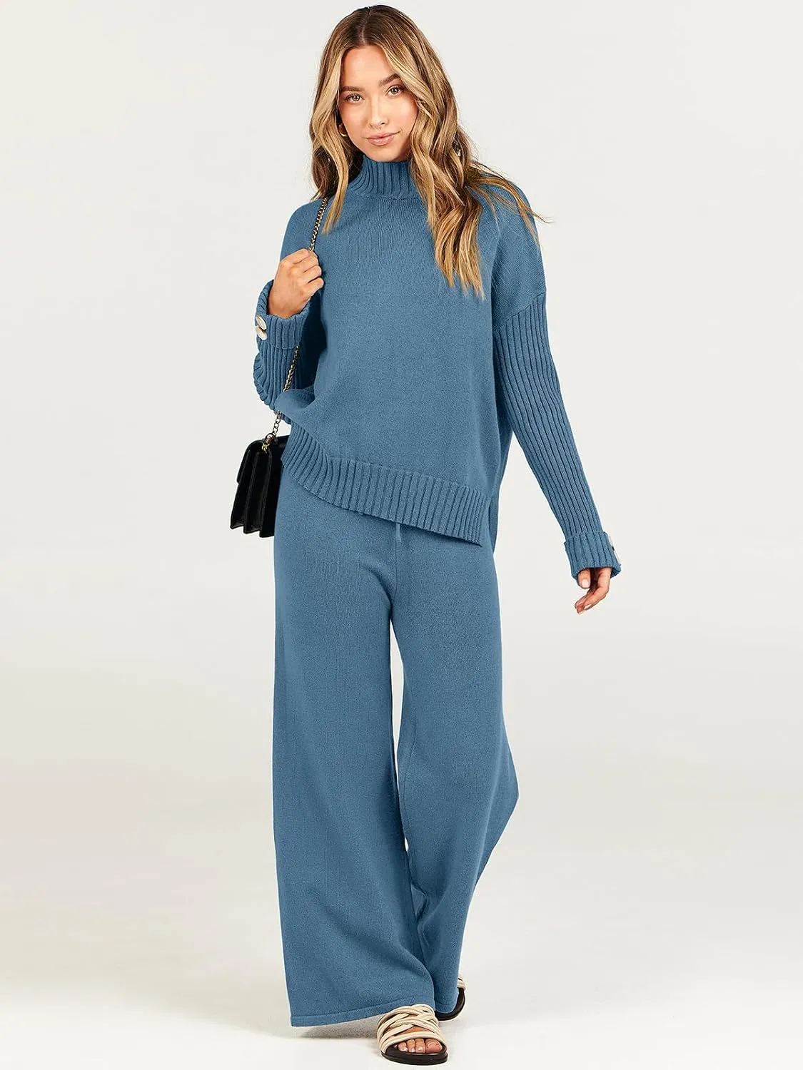 ANRABESS Women's 2 Piece Outfit Sweater Lounge Sets Long Sleeve Knit Pullover Wide Leg Pant Tracksuit Loungewear 2025 Fashion