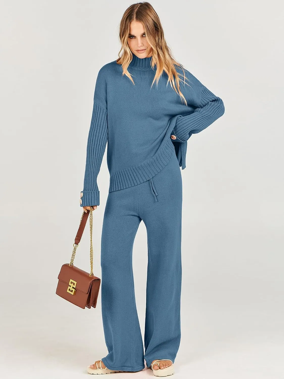 ANRABESS Women's 2 Piece Outfit Sweater Lounge Sets Long Sleeve Knit Pullover Wide Leg Pant Tracksuit Loungewear 2025 Fashion