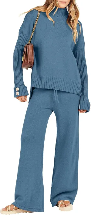 ANRABESS Women's 2 Piece Outfit Sweater Lounge Sets Long Sleeve Knit Pullover Wide Leg Pant Tracksuit Loungewear 2025 Fashion