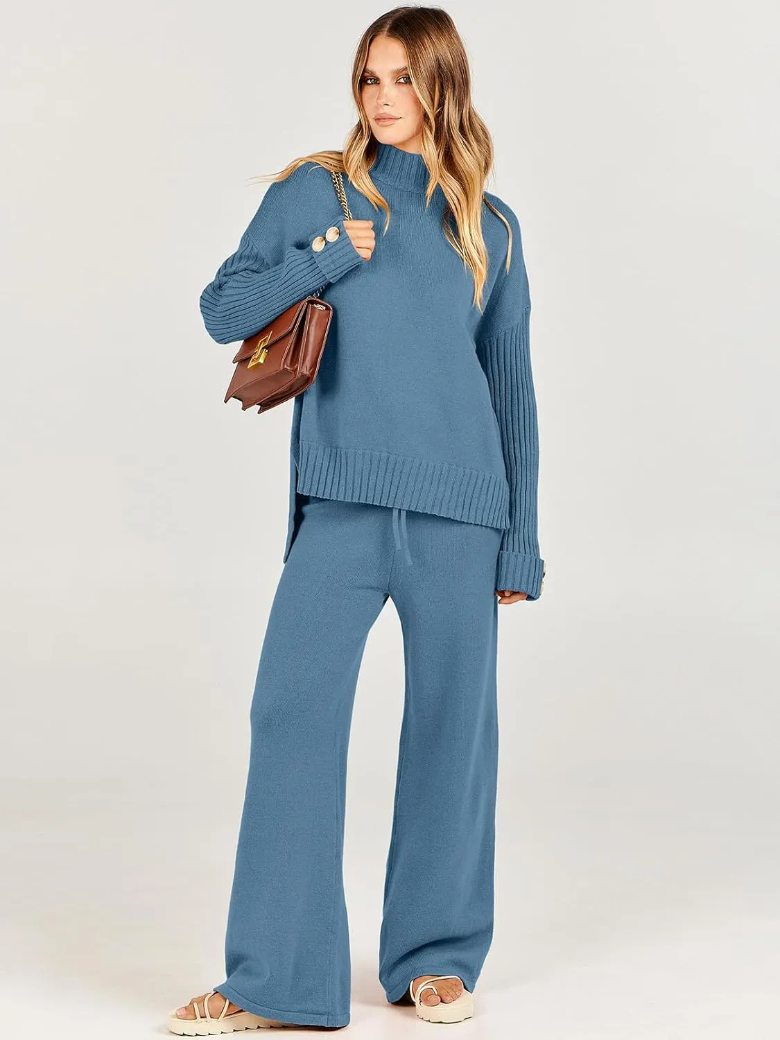 ANRABESS Women's 2 Piece Outfit Sweater Lounge Sets Long Sleeve Knit Pullover Wide Leg Pant Tracksuit Loungewear 2025 Fashion