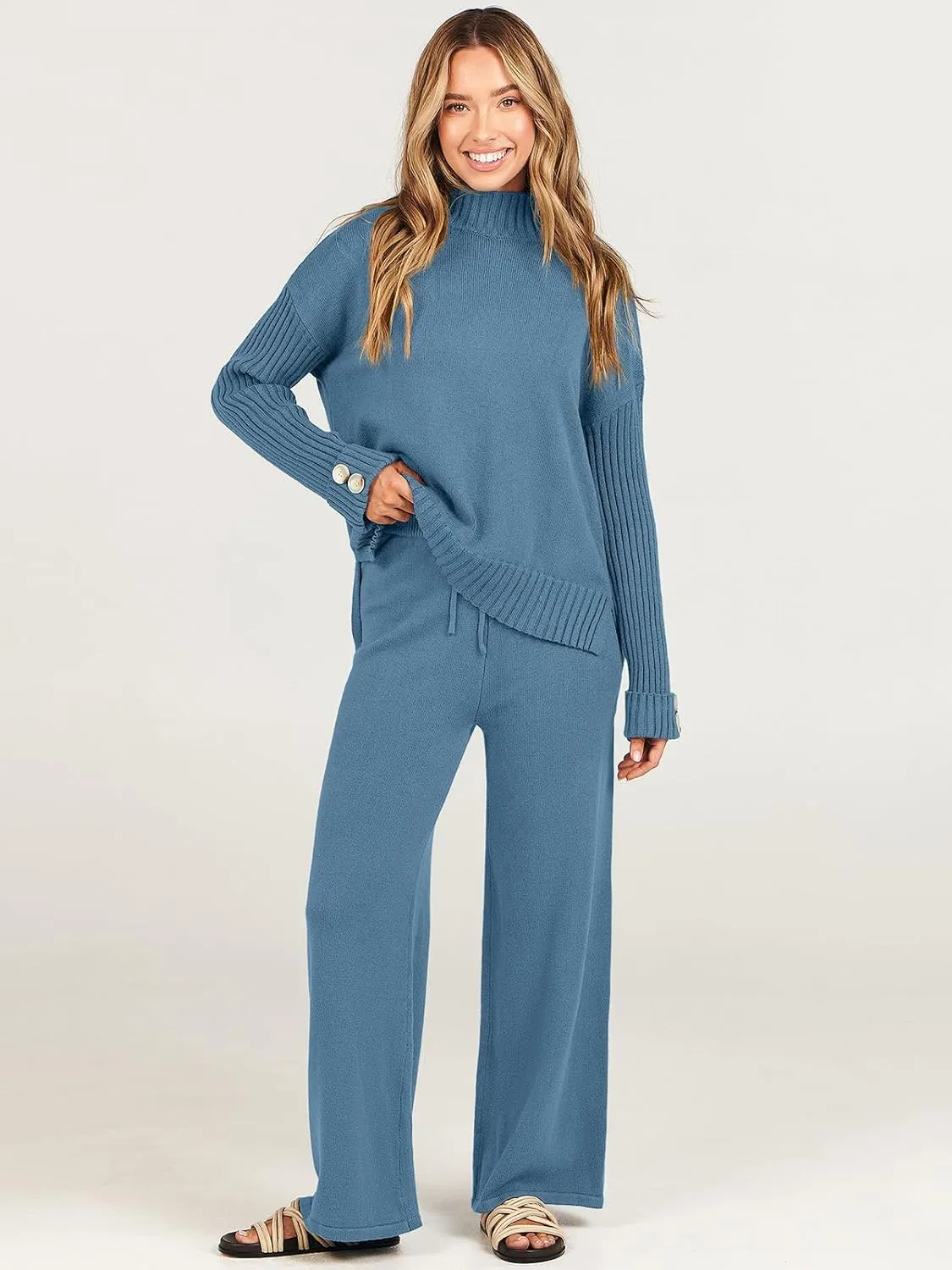ANRABESS Women's 2 Piece Outfit Sweater Lounge Sets Long Sleeve Knit Pullover Wide Leg Pant Tracksuit Loungewear 2025 Fashion