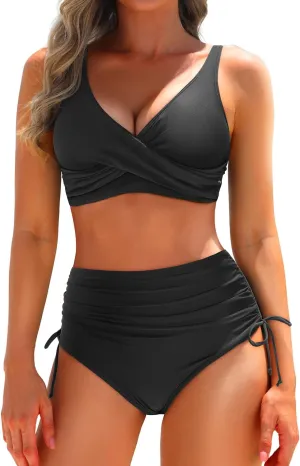 Aqua Eve Women High Waisted Bikini Twist Front Swimsuits Lace up Bikini Tops Ruched Push up 2 Piece Bathing Suits